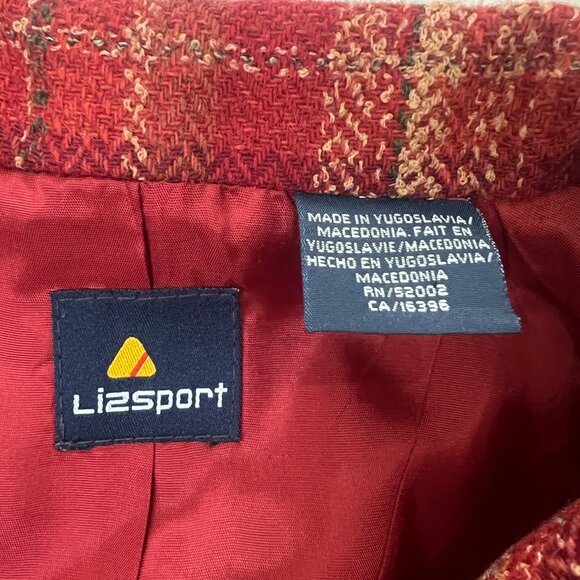 VINTAGE Lizsport 90s Plaid Belted Wool Blend Jacket Shoulder Pads Preppy Retro - Picture 2 of 8